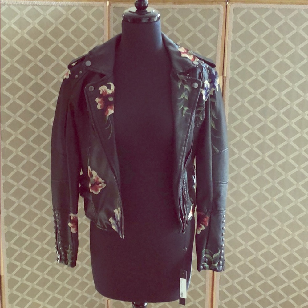 NWT black leathered embroidered flower jacket